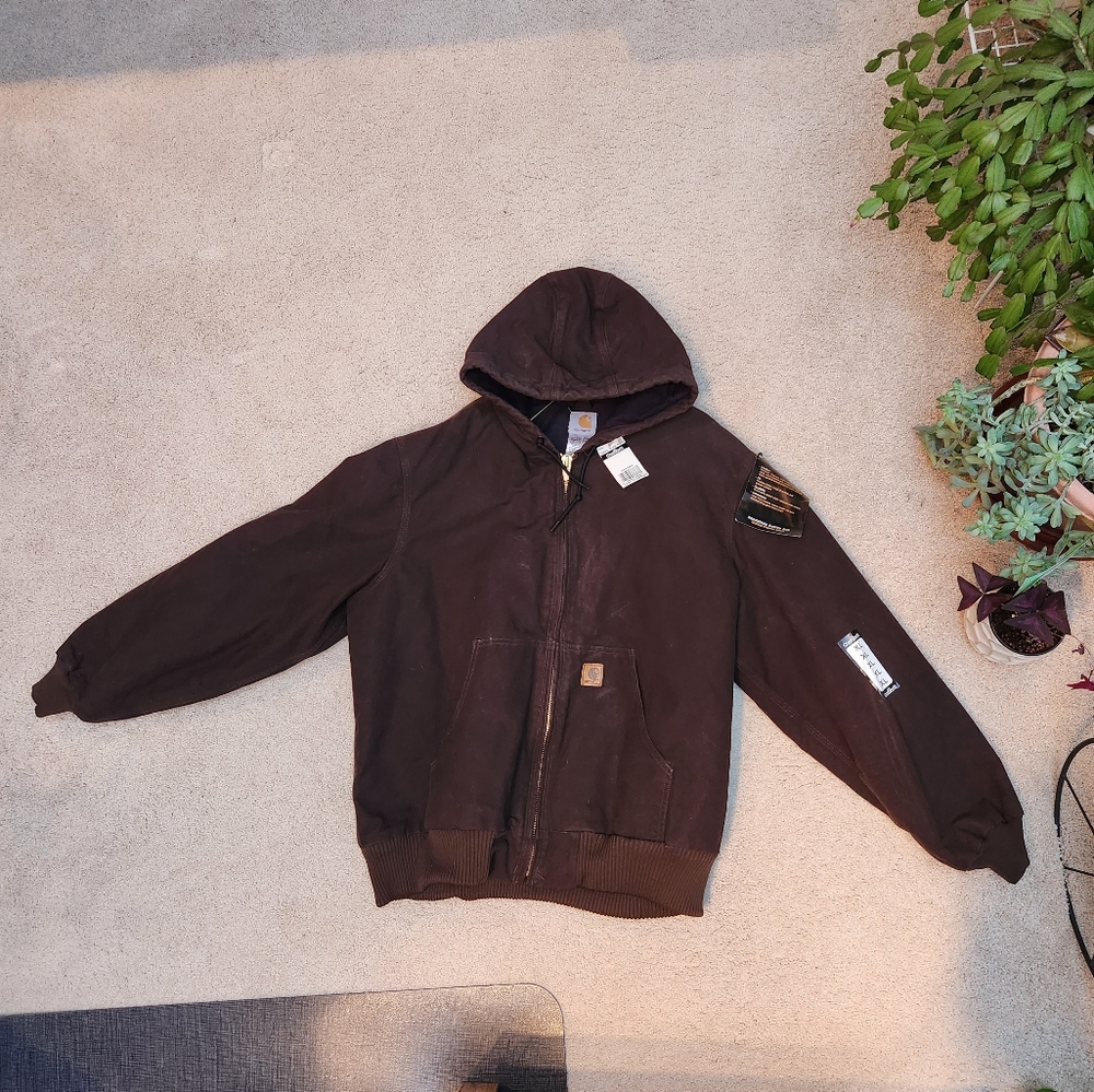 Carhartt Men's Brown J130 DKB Quilted Flannel Lined Duck Active Hooded Jacket